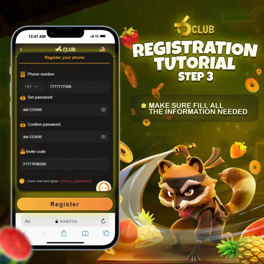 6 Club registration form with mobile number, password and OTP fields